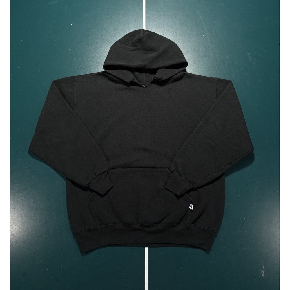 Vintage 90s Russell Athletic Hoodie Sweatshirt Black Blank Made In USA Men's XL